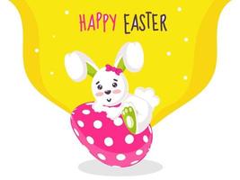 Cartoon Bunny Climbing on Pink Painted Egg and Yellow Abstract Background for Happy Easter Celebration Concept. vector