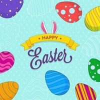 Happy Easter Font with Bunny Ear and Printed Eggs Decorated on Blue Polka Dots Background. vector