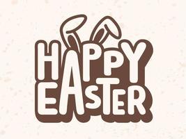 Flat Sticker Style Happy Easter Text with Bunny Ear on Beige Texture Background. vector