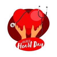 Human Hand Holding Red Heart with Stethoscope on White Background for World Heart Day. vector