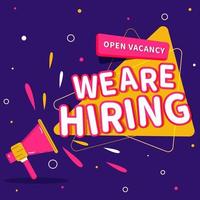 We Are Hiring Open Vacancy Announcement from Loudspeaker on Purple Background. vector