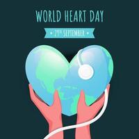 Human Hand Holding Glossy Heart Shaped Earth Checkup From Stethoscope on Green Background for World Earth Day. vector