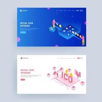 Business people cryptocurrency exchange to ICO token with observing the hike or whop of crypto values for Initial Coin Offering concept based landing page set. vector