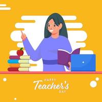 Happy Teacher's Day Text with Young Woman Educator holding Book and Laptop on White and Yellow Background. vector