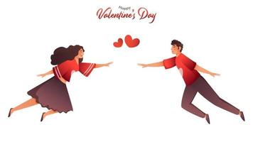 Young couple move towards while flying to each other on the occasion of Happy Valentine's Day. vector