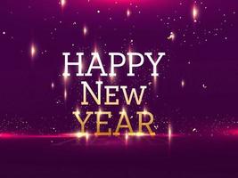 Golden Happy New Year Text With Lights Effect And Confetti On Purple Background. vector