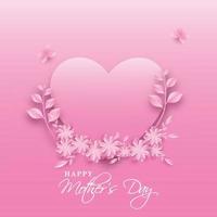 Paper Cut Flowers with Leaves and Butterflies Decorated Empty Heart Shape Given For Message on Glossy Pink Background for Happy Mother's Day. vector