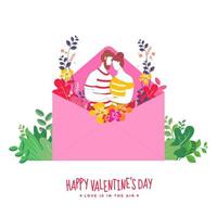 sin rostro romántico Pareja personaje en rosado sobres decorado con flores y hojas para contento San Valentín día concepto. vector