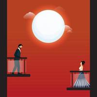 Young Man And Woman Looking To Each Other From Their Balconies On Full Moon Red Background. vector