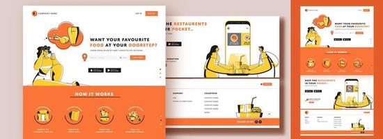 Responsive Landing Page Design, Online Food Order and Delivery Process from Smartphone with Doorstep Service. vector