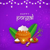 Happy Pongal Celebration Poster Design With Traditional Dish In Mud Pot, Fruits, Banana Leaves, Sugarcane On Purple Background. vector