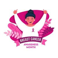 Young Girl Showing Thumbs Up with Pink Ribbon at Chest and Leaves on White Background for Breast Cancer Awareness Month. vector