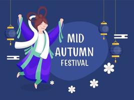 Chinese Goddess Character in Jumping Pose with Flowers and Hanging Lanterns Decorated on Blue Background for Mid Autumn Festival. vector