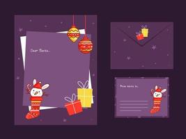 querido Papa Noel letra o deseando tarjeta modelo diseño con doble cara sobre presente en púrpura antecedentes. vector