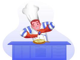 Chef character sprinkling in pizza on kitchen table. vector
