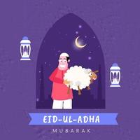 Cheerful Muslim Man holding Cartoon Sheep with Hanging Illuminated Lanterns and Crescent Moon on Purple Abstract Background for Eid-Ul-Adha Mubarak Concept. vector