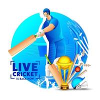 Abstract Blue Stadium View Background with Batsman Player and Golden Trophy Cup for Live Cricket Is Back Now. vector