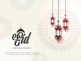 Stylish text Eid Mubarak and Hanging Lanterns on White Mandala Patterned Decorated Background. vector
