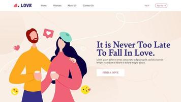 Landing Page or Web Template Design with Cartoon Lover Couple and Given Message as It is never too late to fall in love. vector