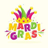 Glossy Colorful Mardi Gras Text with Jester Hat, Stars and Feather Decorated on White Background. vector