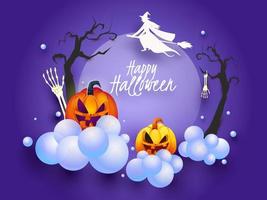 Happy Halloween Font with Silhouette Witch Flying at Broom, Jack-O-Lanterns, Skeleton Hands, Bare Trees and Glossy Clouds Decorated Purple Background. vector