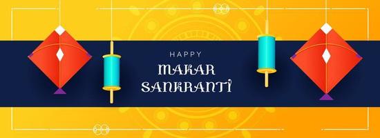 Yellow And Blue Header Or Banner Design Decorated With Hanging Kites, String Spools For Happy Makar Sankranti Celebration. vector