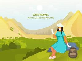 Cartoon Tourist Young Girl Showing Two Fingers with Wear Medical Mask on Sun Landscape Nature Background. Stop Coronavirus Pandemic. vector
