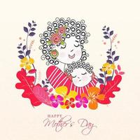 Illustration of Mother Hugging to Her Child with Flowers on White Background for Happy Mother's Day Celebration. vector