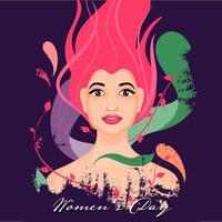 Beautiful Young Girl Face with Leaves on Purple Grunge Background for Happy Women's Day. vector