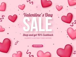 Valentine's Day Sale Poster Design With Top View Glossy Heart and Curl Ribbons Decorated On Pink Background. vector