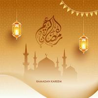 Arábica caligrafía de Ramadán kareem con colgando iluminado linternas y mezquita en dorado Arábica modelo antecedentes. vector