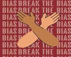 Raising awareness of prejudice. Break The Bias 2023 women's day concept. a pair of crossed hands of different skin colors and a slogan on a red background vector