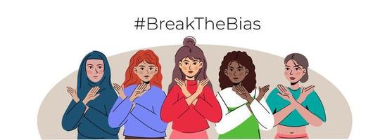 International Women's Day. Break The Bias campaign. March 8. different but equal girl crossed arms. vector