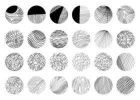 Big collection of round linear abstract backgrounds or patterns. Vector illustration. Hand drawn doodle shapes. Lines, curves, spots,tangled line and hatching. Modern trendy isolated design element.