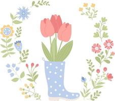 Bouquet tulips in rubber boot and flowers vector