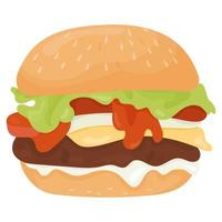 Big appetizing hamburger. Vector illustration. Fast food closeup in flat cartoon style.