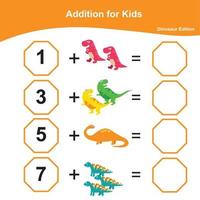 Addition Math Game for Preschool. Math Worksheet Edition. Educational printable math worksheet. Count and write activity. Vector illustration.