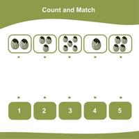 Counting and matching game for kids with Dinosaur eggs. Count and match worksheet. Educational printable math worksheet. Vector illustration.