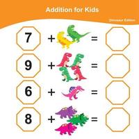 Addition Math Game for Preschool. Math Worksheet Edition. Educational printable math worksheet. Count and write activity. Vector illustration.