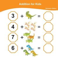 Addition Math Game for Preschool. Math Worksheet Edition. Educational printable math worksheet. Count and write activity. Vector illustration.