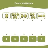 Counting and matching game for kids with Dinosaur eggs. Count and match worksheet. Educational printable math worksheet. Vector illustration.