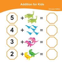 Addition Math Game for Preschool. Math Worksheet Edition. Educational printable math worksheet. Count and write activity. Vector illustration.