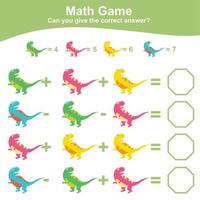 Dinosaurs theme Math Game worksheet. Mathematic activity for children. Educational printable math sheet. Additional and subtraction math for kids. Vector file.