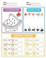 3 in 1 Activity Sheet for children. Educational printable worksheet for preschool. Coloring, counting and matching shadow. Vector File.