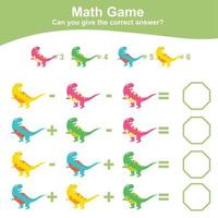 Dinosaurs theme Math Game worksheet. Mathematic activity for children. Educational printable math sheet. Additional and subtraction math for kids. Vector file.