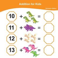 Addition Math Game for Preschool. Math Worksheet Edition. Educational printable math worksheet. Count and write activity. Vector illustration.