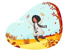 Illustration of Cute Girl Jumping on Abstract Autumn Nature Background. vector