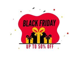 Black Friday Sale Poster Design with 50 Discount Offer and Gift Boxes on Red and White Background. vector