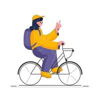 Young Girl Riding on Bicycle with a Backpack. vector