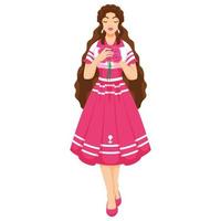Beautiful Young Girl holding Flower Bunch in Walking Pose. vector